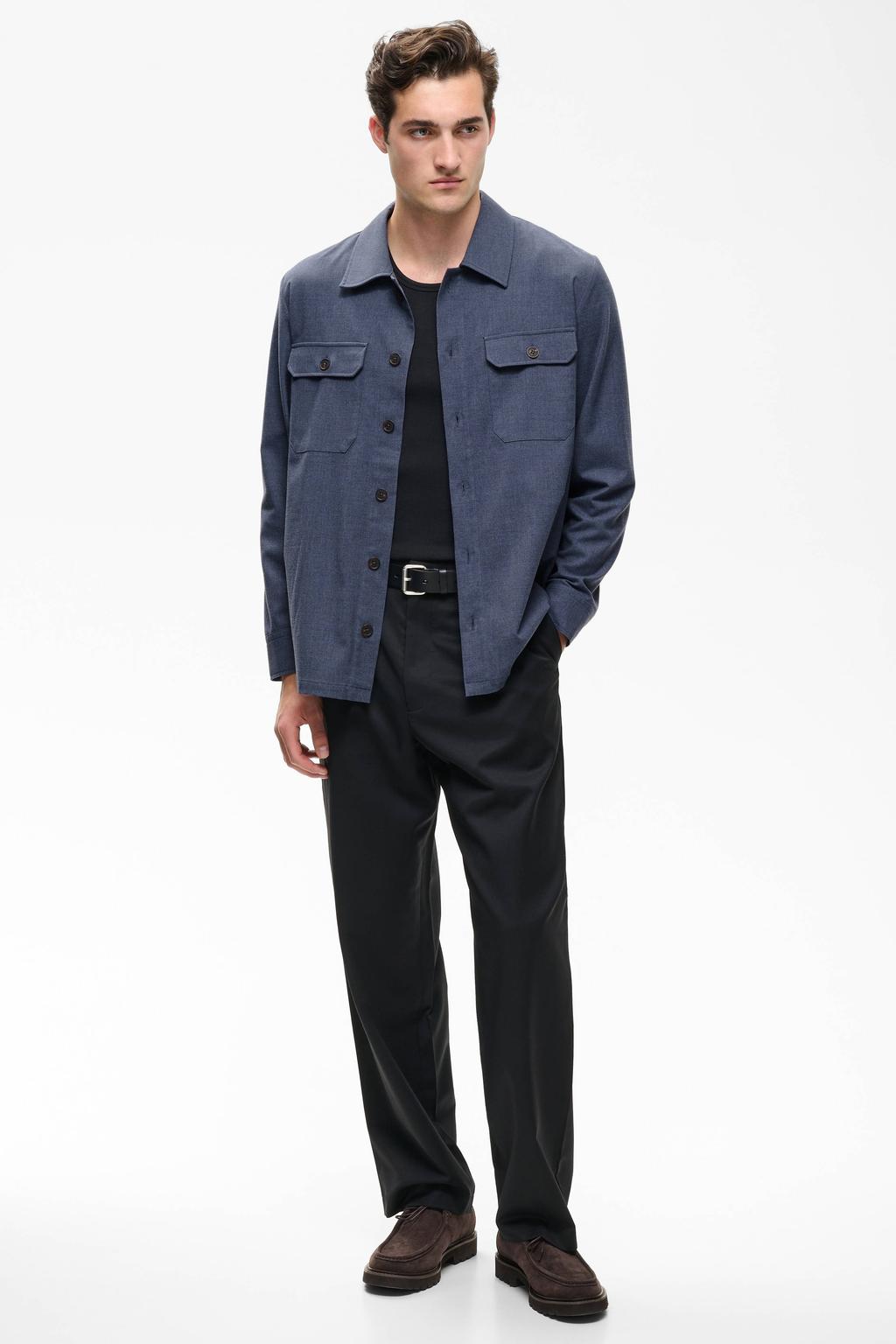 Blauwe heren Matinique regular fit overshirt van polyester met effen, lange mouwen en klassieke kraag