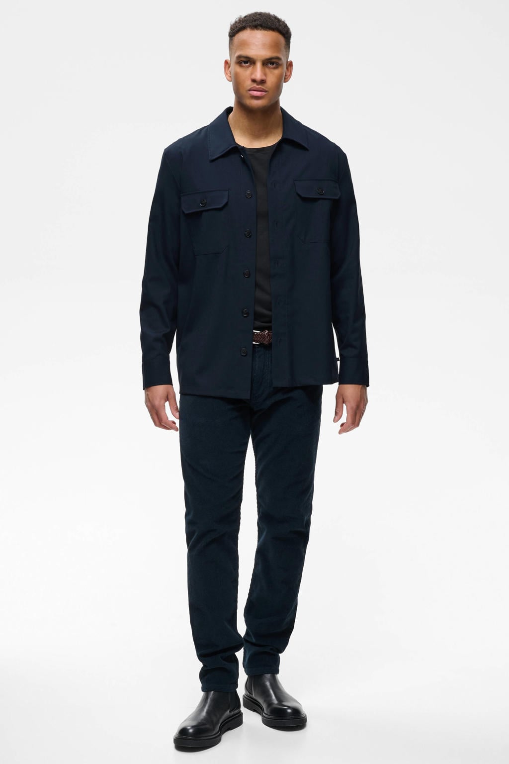 Donkerblauwe heren Matinique regular fit overshirt van polyester met effen, lange mouwen en klassieke kraag