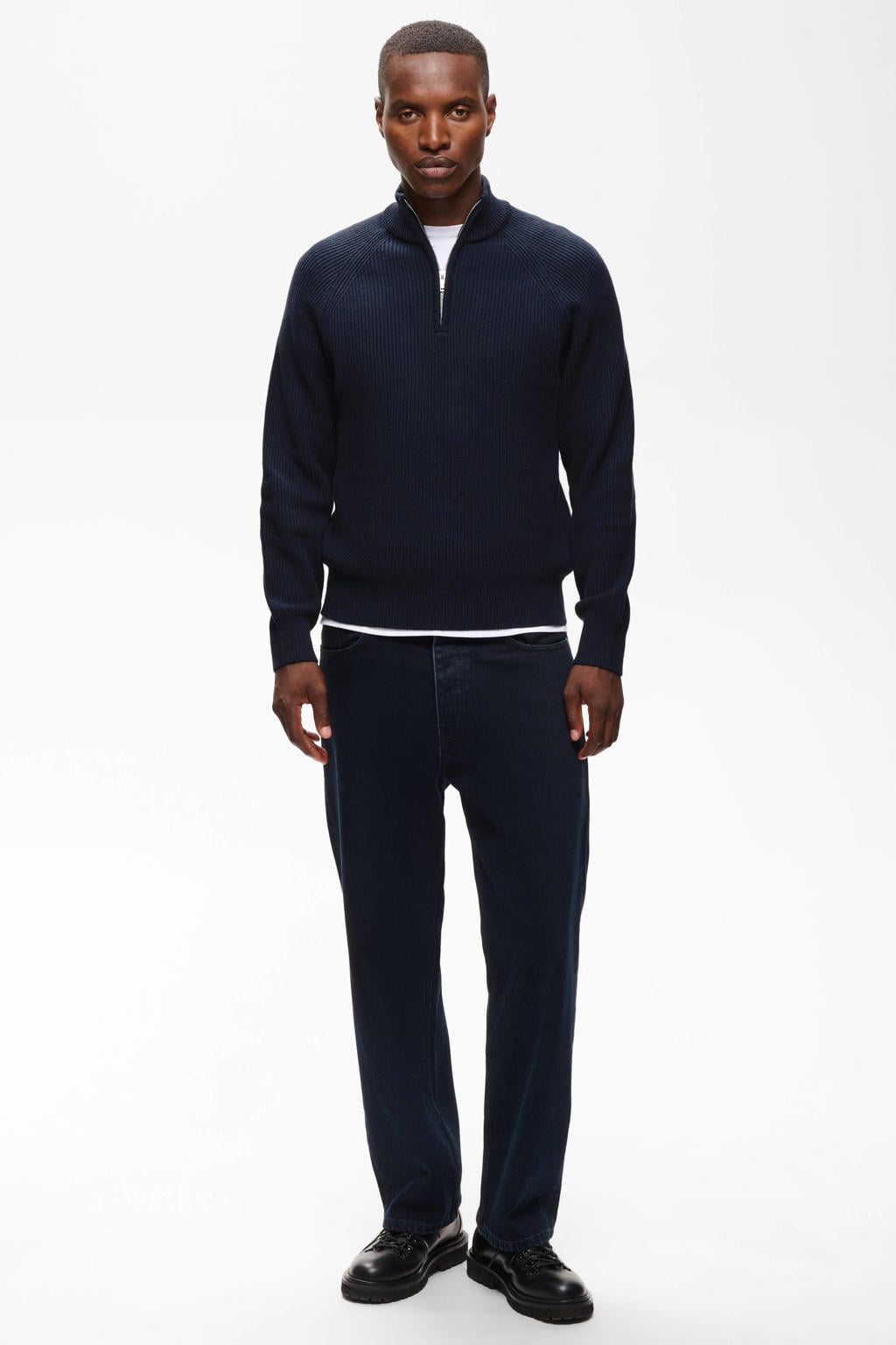 Matinique katoenen regular fit gebreide trui - donkerblauw