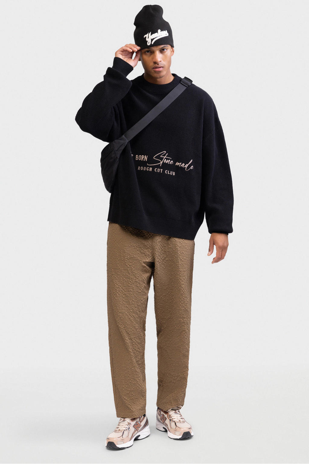Zwarte heren Redefined Rebel oversized gebreide trui van katoen met effen, lange mouwen en ronde hals
