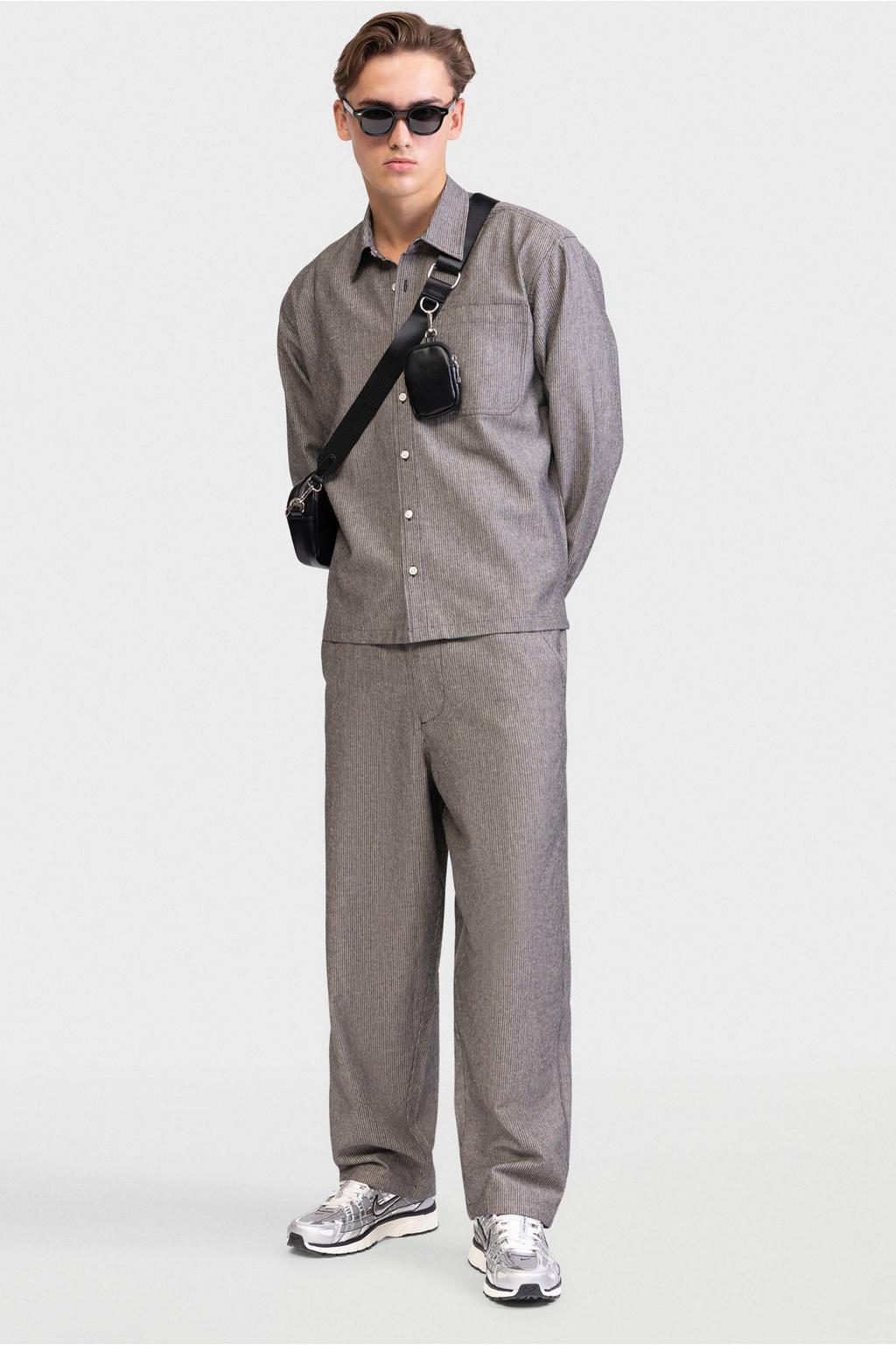 Redefined Rebel loose fit gestreept casual overhemd met linnen - donkergrijs