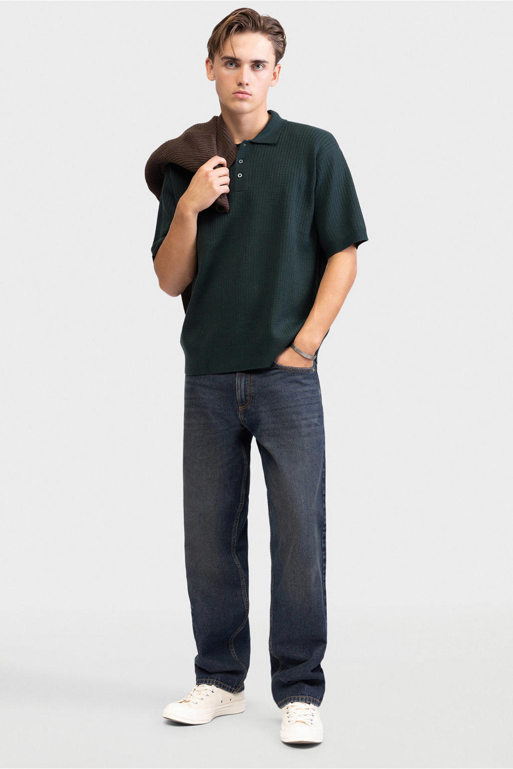 Donkergroene heren Redefined Rebel van acryl met effen, korte mouwen, polo kraag en gebreide details