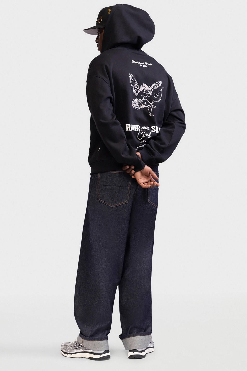 Zwarte heren Redefined Rebel sweatvest met backprint, lange mouwen, capuchon, ritssluiting en geribde boorden