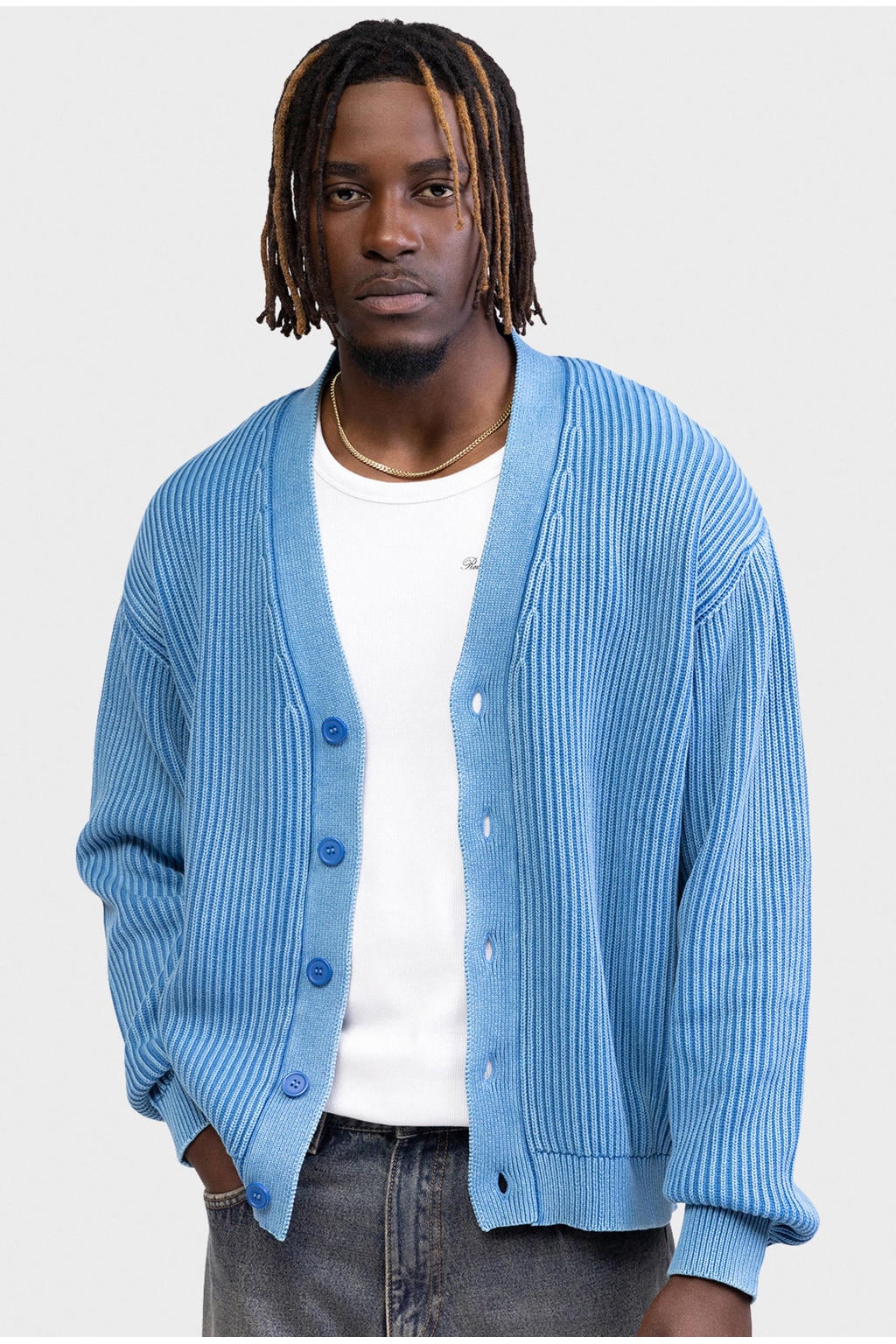 Blauwe heren Redefined Rebel katoenen gebreide vest met lange mouwen, V-hals en knoopsluiting