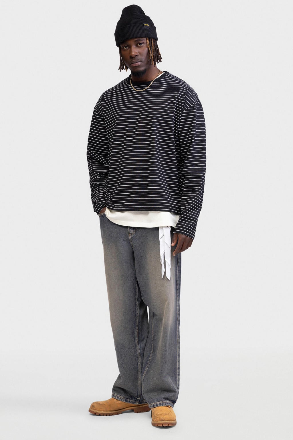 Zwarte heren Redefined Rebel van sweat materiaal met strepenprint, lange mouwen en ronde hals