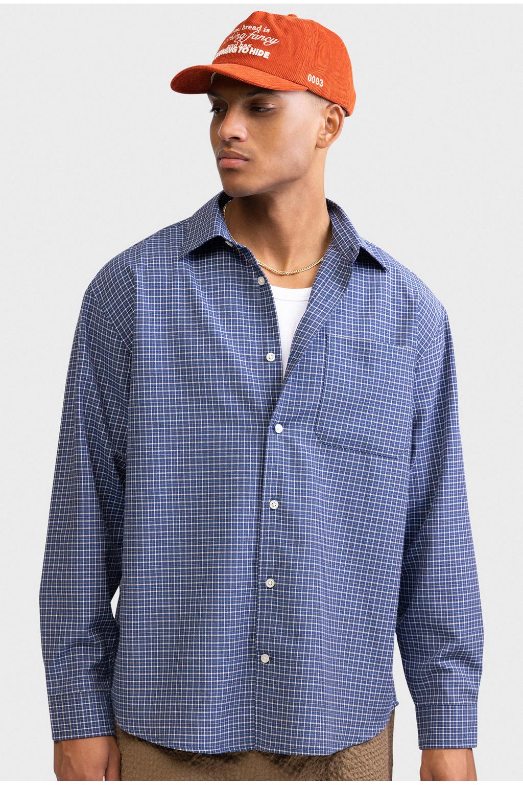 Blauwe heren Redefined Rebel loose fit geruit overhemd van katoen met lange mouwen en klassieke kraag