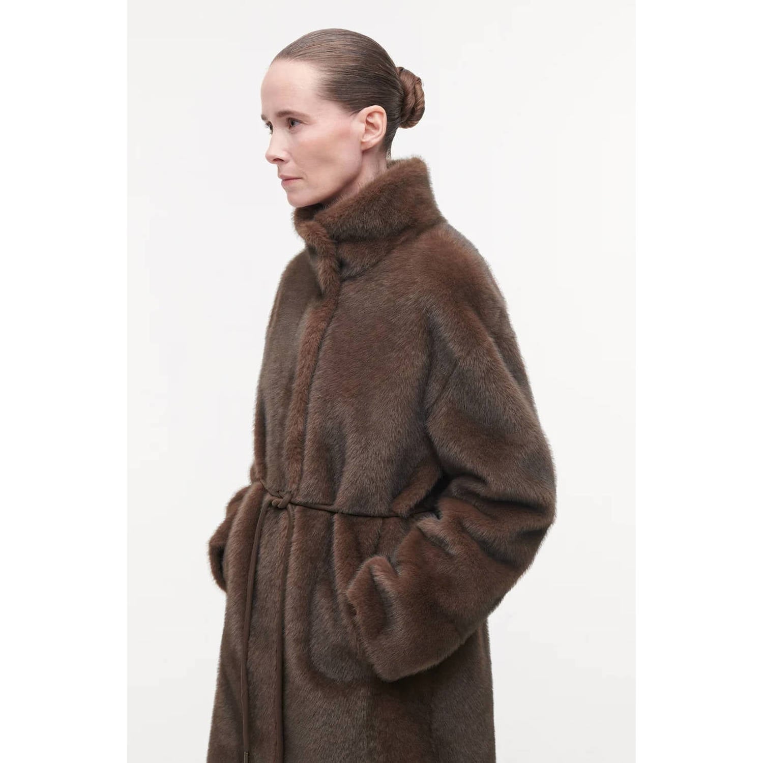 Studio AR by ARMA imitatiebont faux fur jas met ceintuur donkerbruin