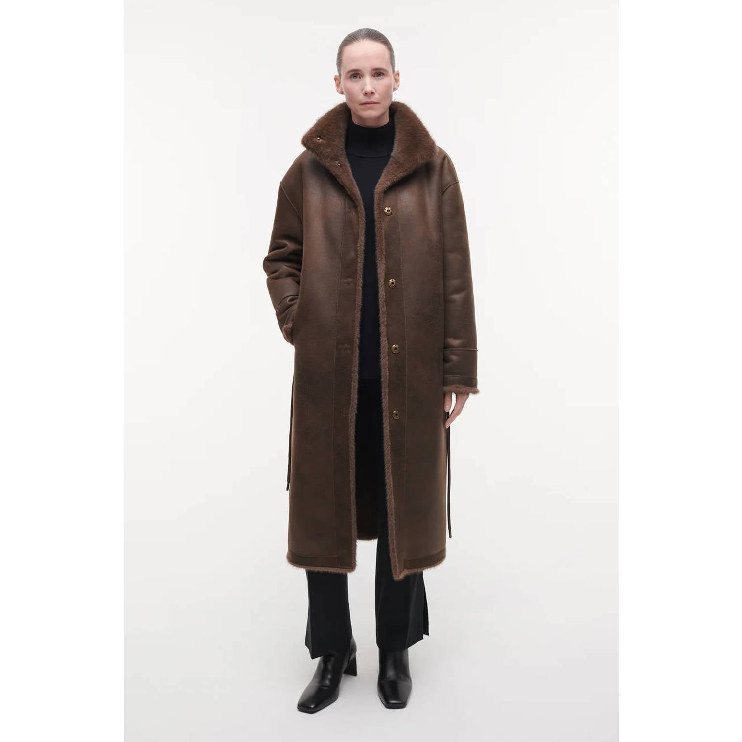 Studio AR by ARMA imitatiebont faux fur jas met ceintuur donkerbruin