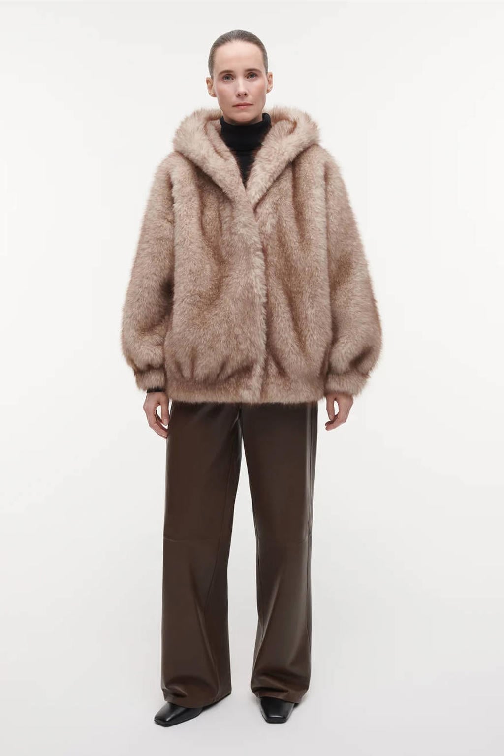 Beige dames Studio AR by ARMA imitatiebont faux fur jas met effen, lange mouwen en capuchon