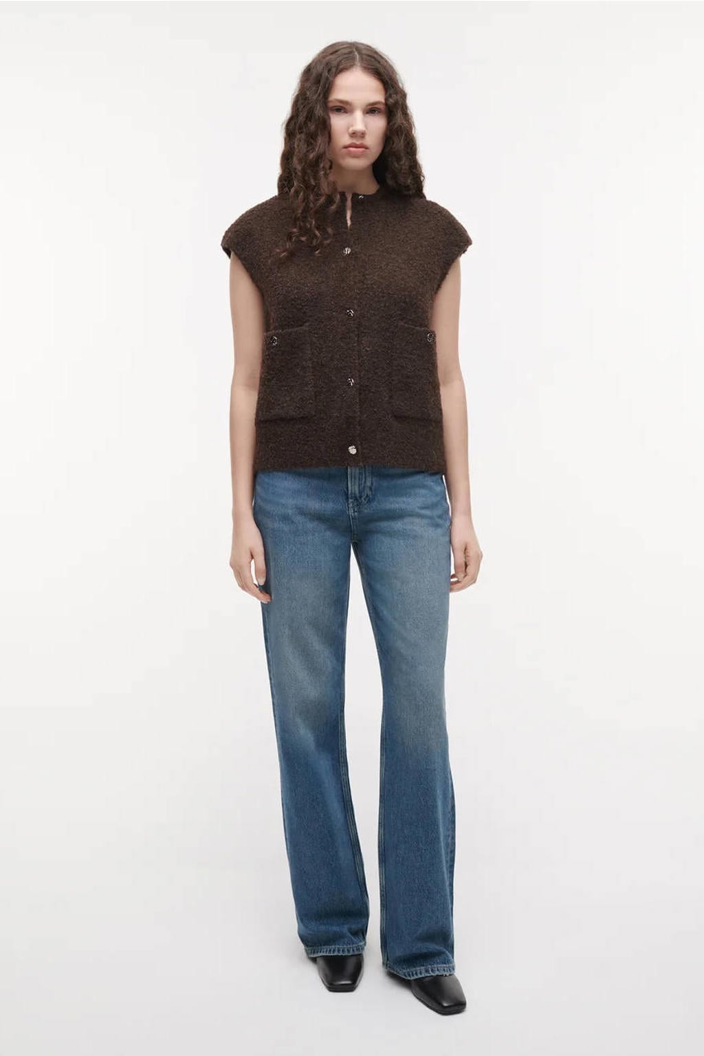 Donkerblauwe dames Studio AR by ARMA trui van polyester met effen, ronde hals en knoopsluiting