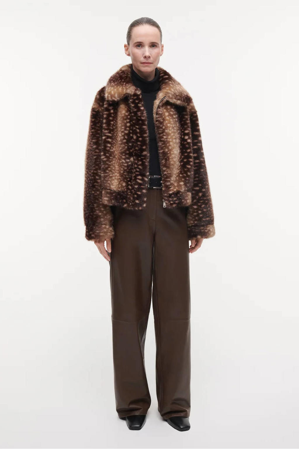 Bruine dames Studio AR by ARMA imitatiebont faux fur winterjas met dierenprint, lange mouwen en klassieke kraag