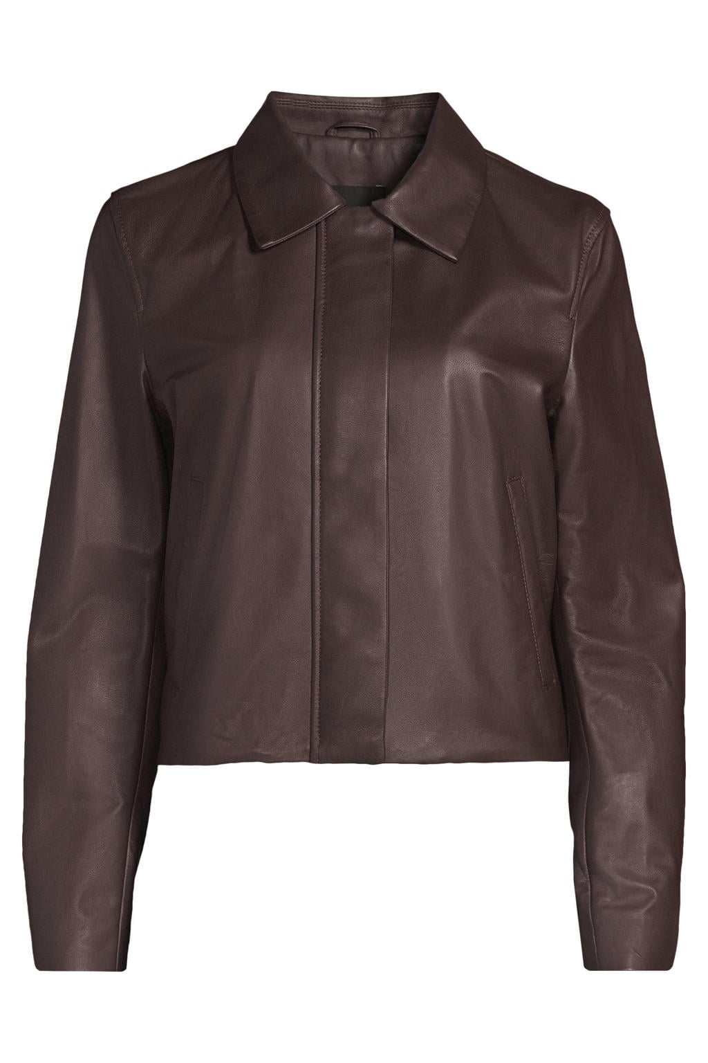 Donkerblauwe dames Studio AR by ARMA leren jas met effen, lange mouwen en ritssluiting