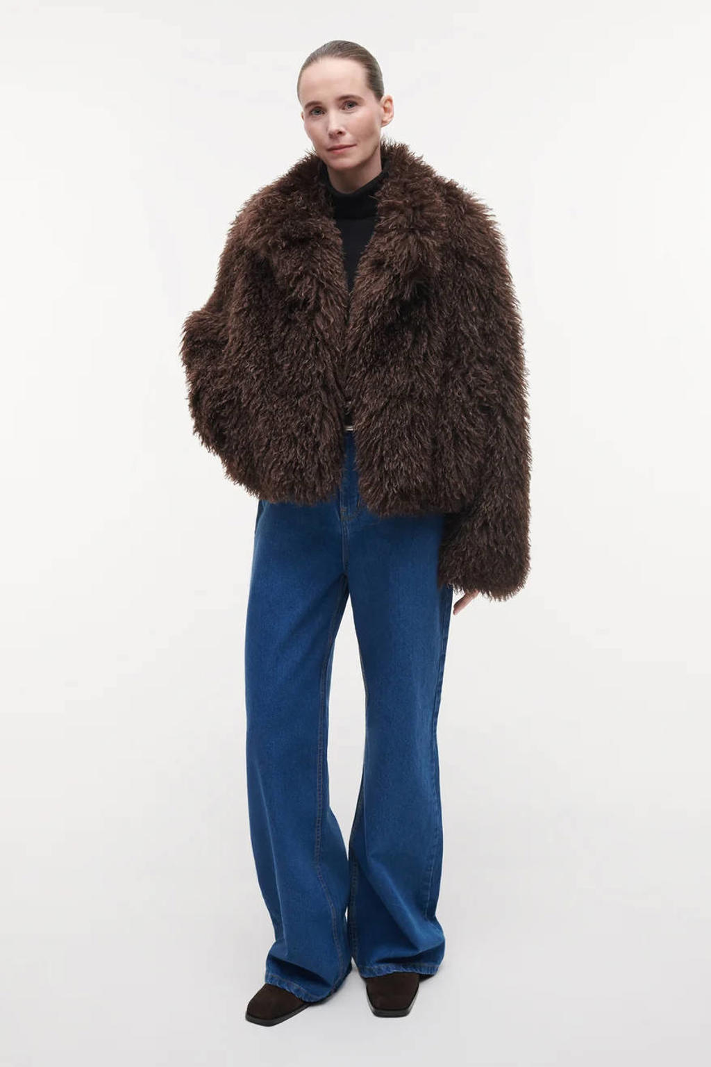 Donkerblauwe dames Studio AR by ARMA faux fur winterjas van imitatiebont met effen, lange mouwen en opstaande kraag