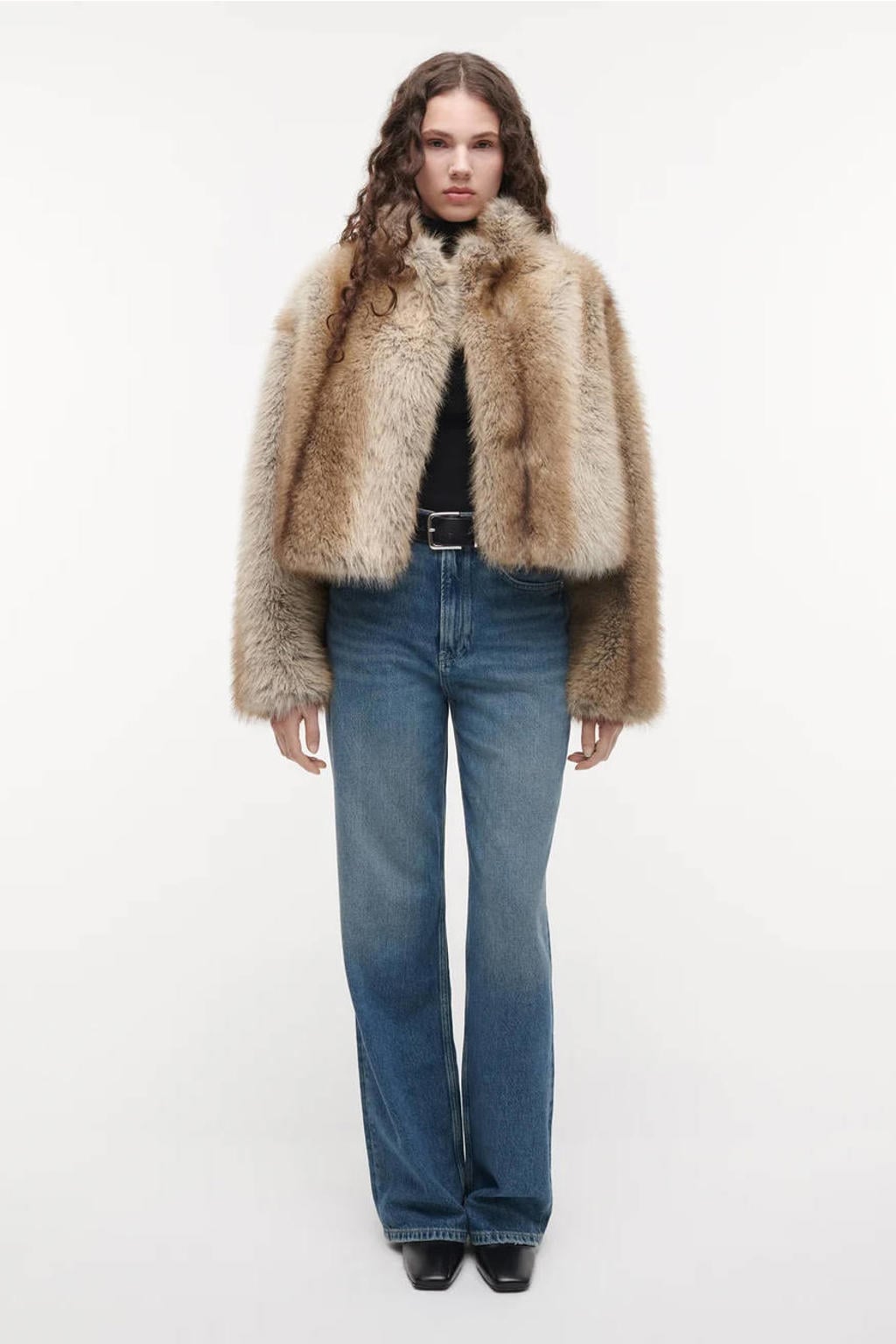 Bruine dames Studio AR by ARMA imitatiebont faux fur winterjas met effen, lange mouwen en opstaande kraag