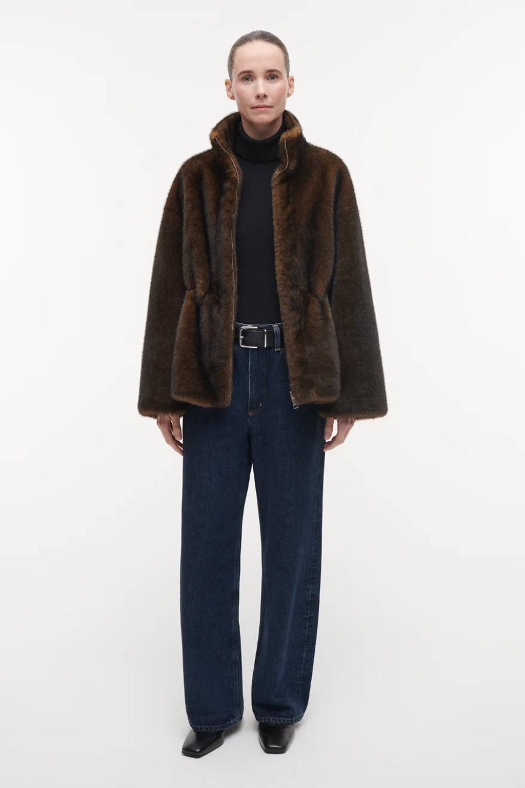Donkerblauwe dames Studio AR by ARMA faux fur jas van imitatiebont met effen, lange mouwen en opstaande kraag
