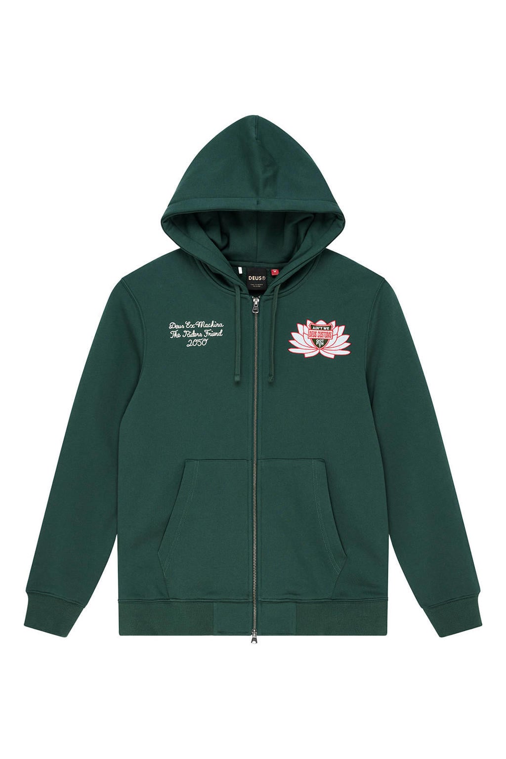 Groene heren Deus Ex Machina sweatvest met backprint, lange mouwen, capuchon, 2-way rits en borduursels
