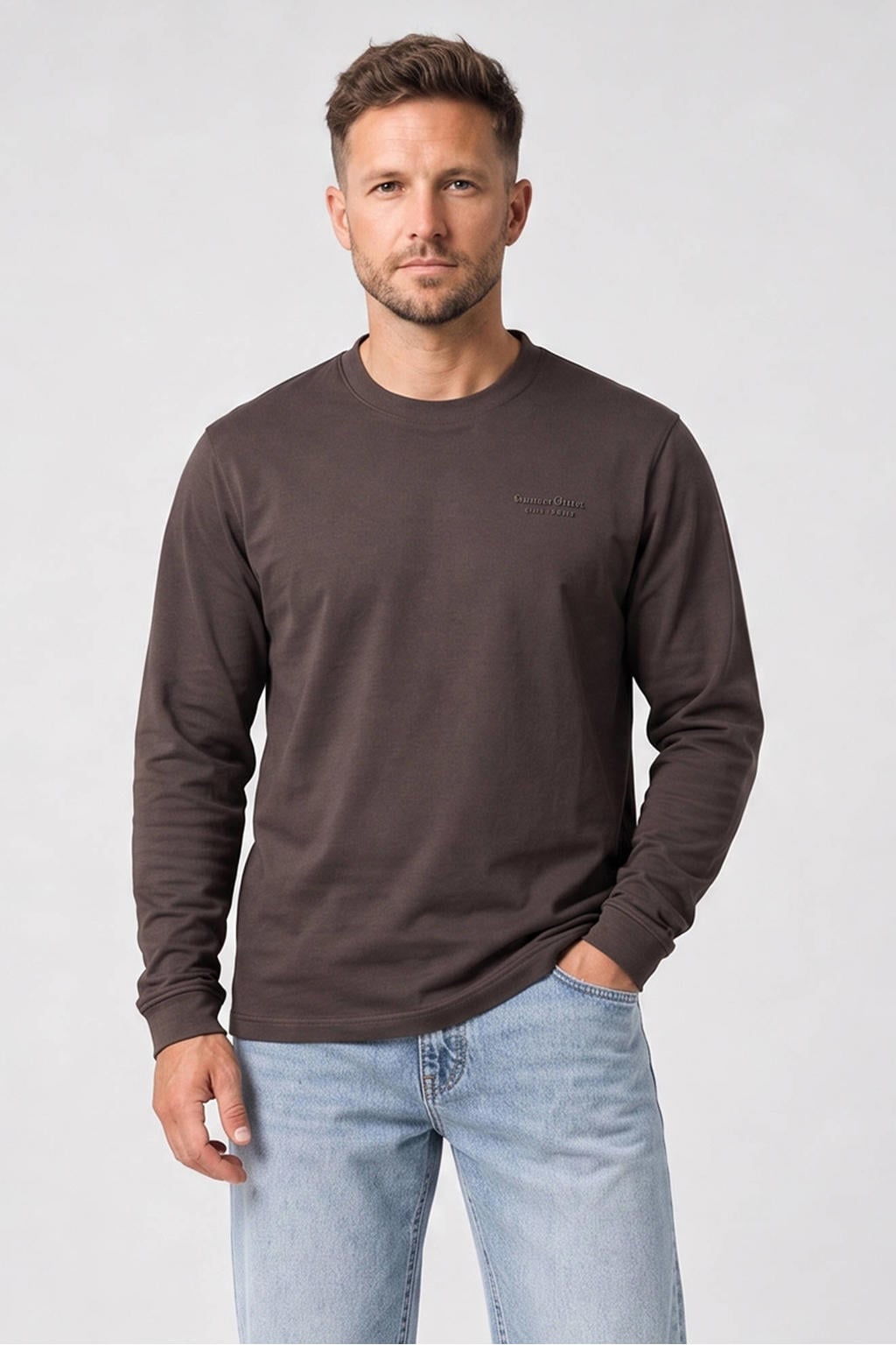 Antraciete heren Cars regular fit longsleeve van katoen met effen, lange mouwen en ronde hals