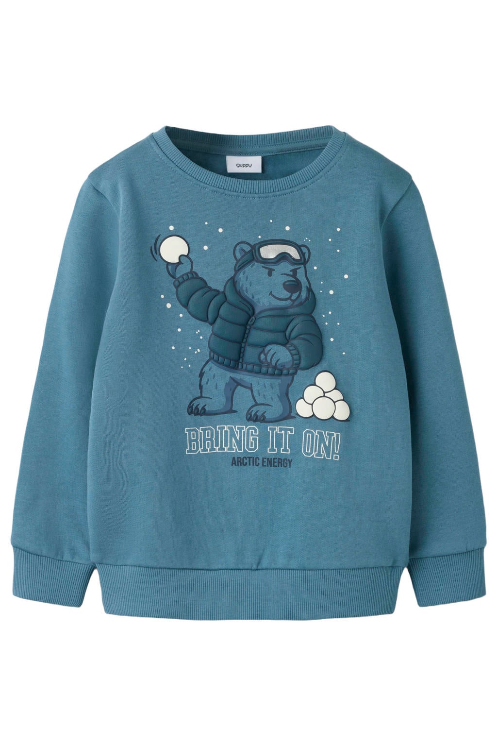 Blauwe jongens GUPPY MINI sweater met printopdruk, lange mouwen en ronde hals