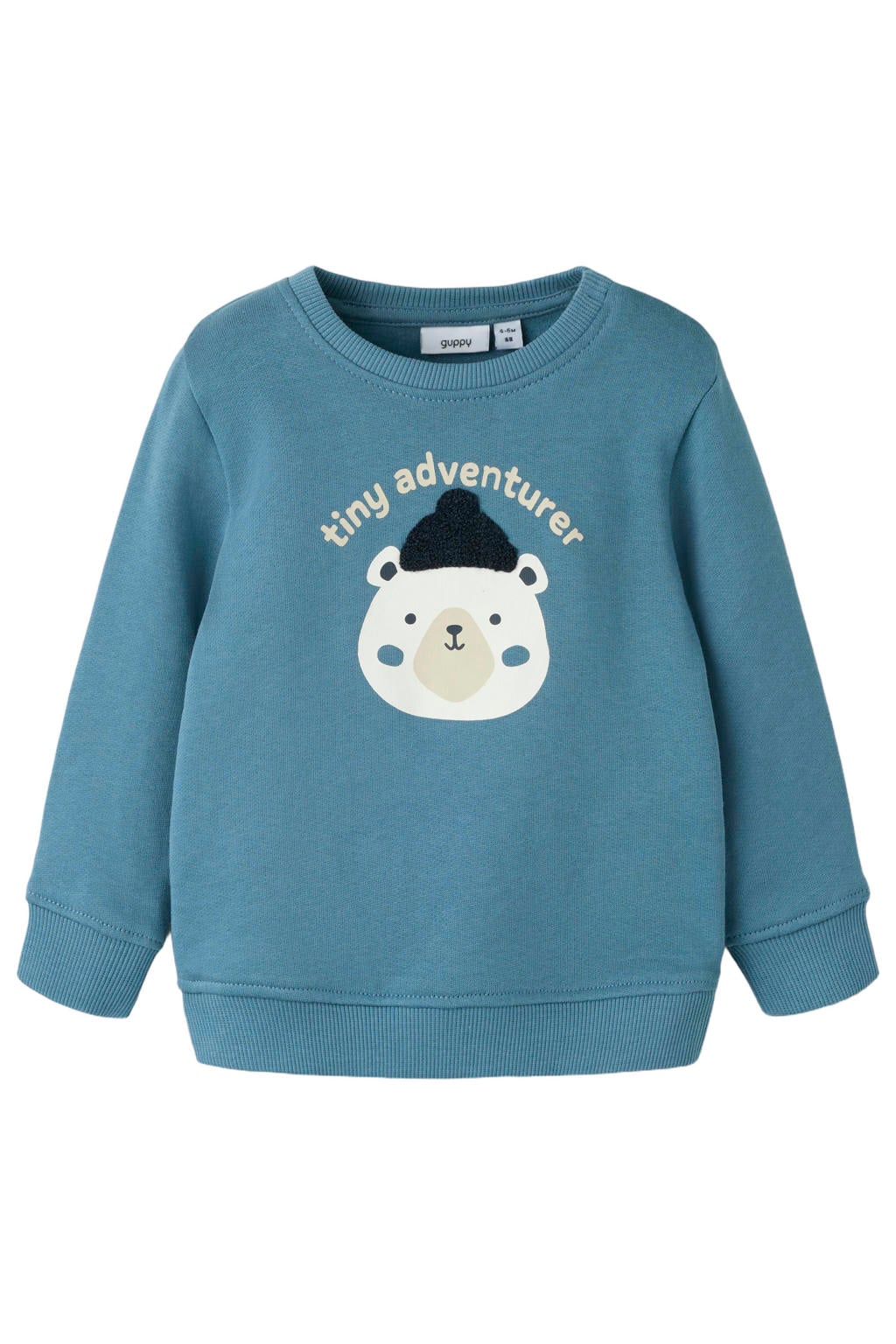 Blauwe jongens GUPPY BABY sweater met printopdruk, lange mouwen en ronde hals