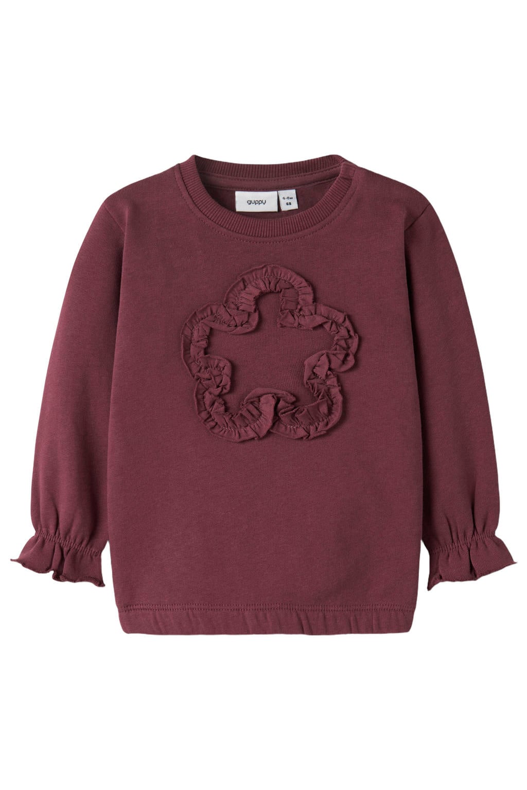 Donkerrode meisjes GUPPY BABY sweater met effen, lange mouwen, ronde hals en ruches
