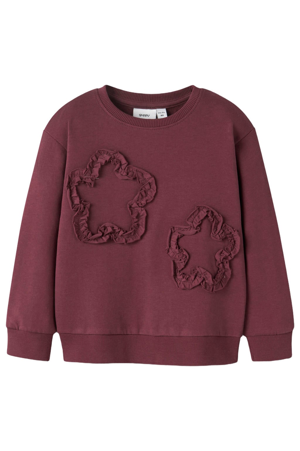 Donkerrode meisjes GUPPY MINI sweater met effen, lange mouwen, ronde hals en ruches