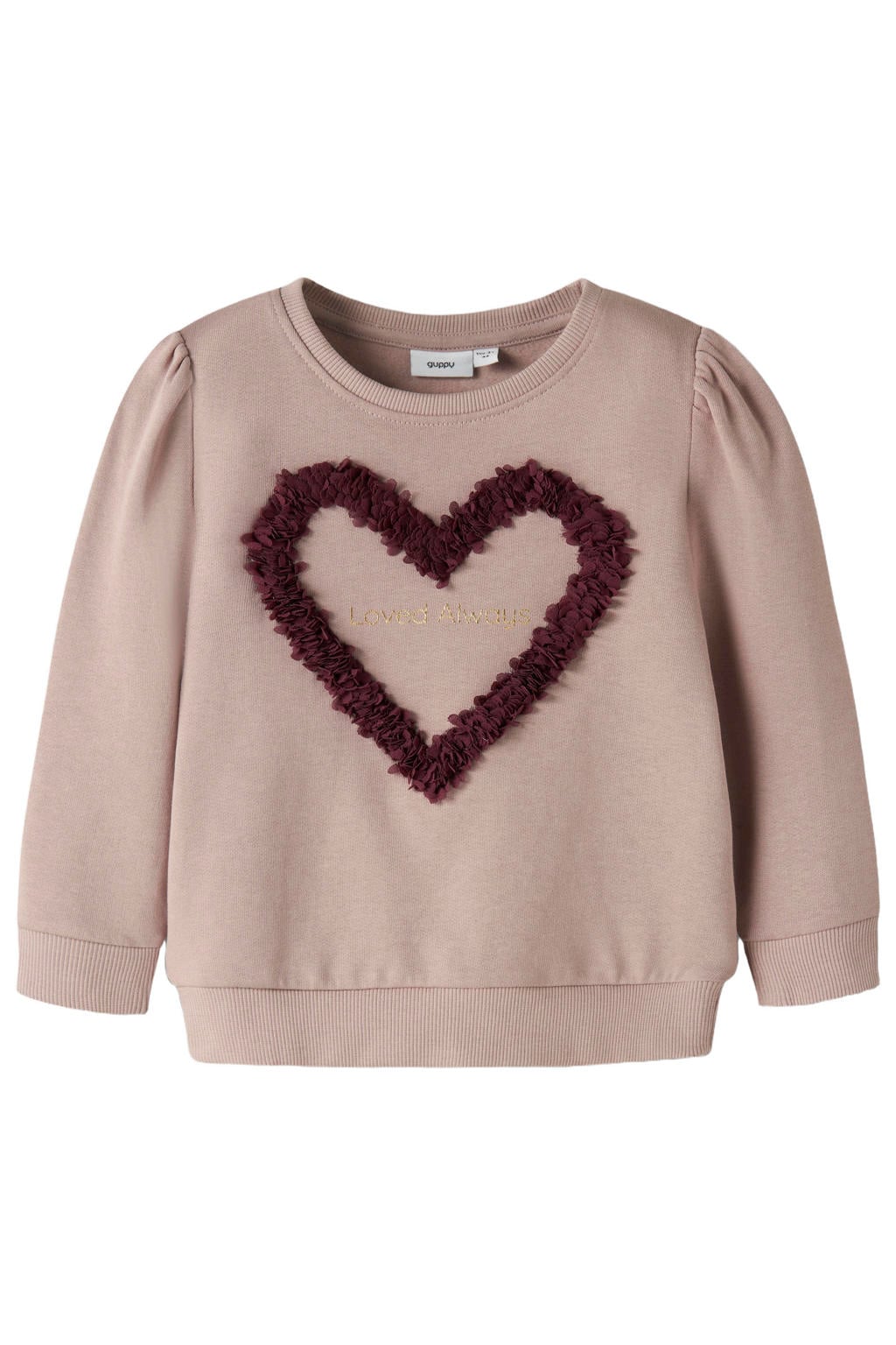 Lichtroze meisjes GUPPY MINI sweater met hartjesprint, lange mouwen, ronde hals en 3D applicatie