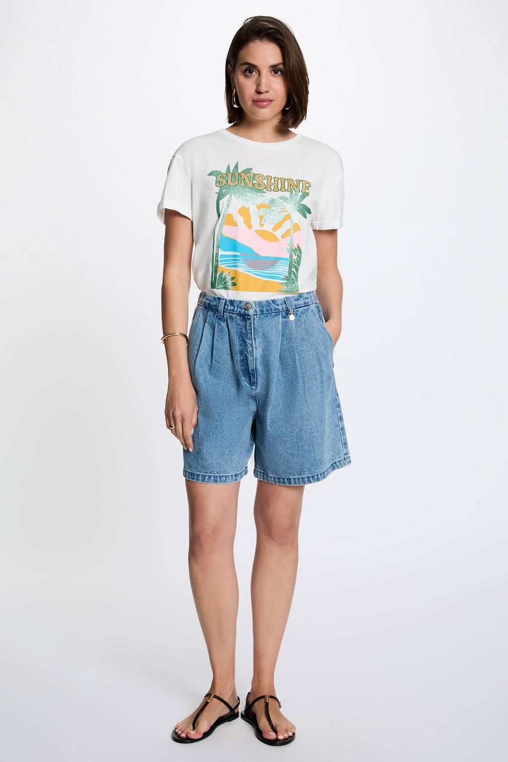 Wit en multikleurige dames Morgan T-shirt van katoen met printopdruk, korte mouwen en ronde hals