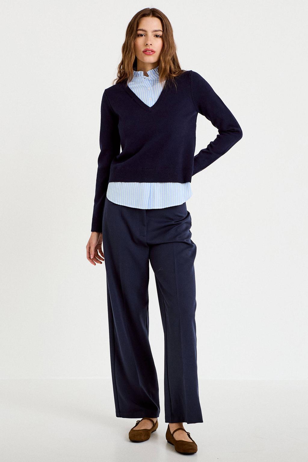 Donkerblauwe dames Cache Cache barrel pantalon van polyester met high waist, rits- en knoopsluiting en effen