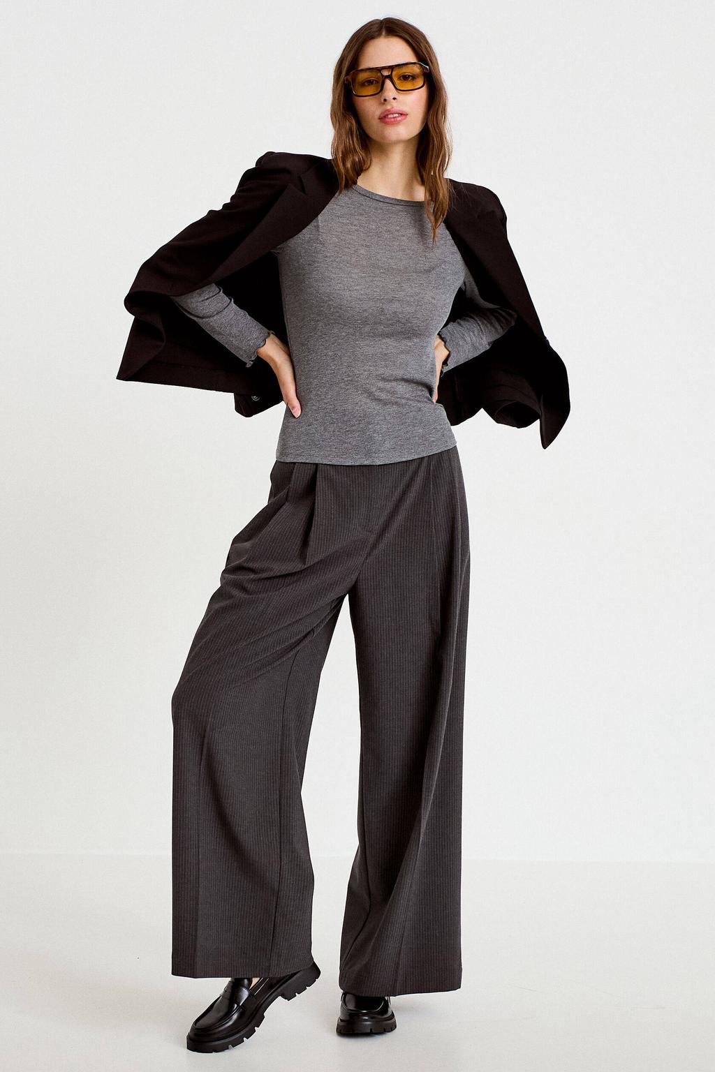 Grijze dames Cache Cache wide leg casual broek en krijtstreep met rits- en knoopsluiting