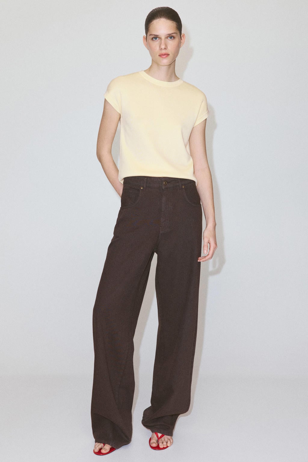 Gele dames Mango top met effen en ronde hals