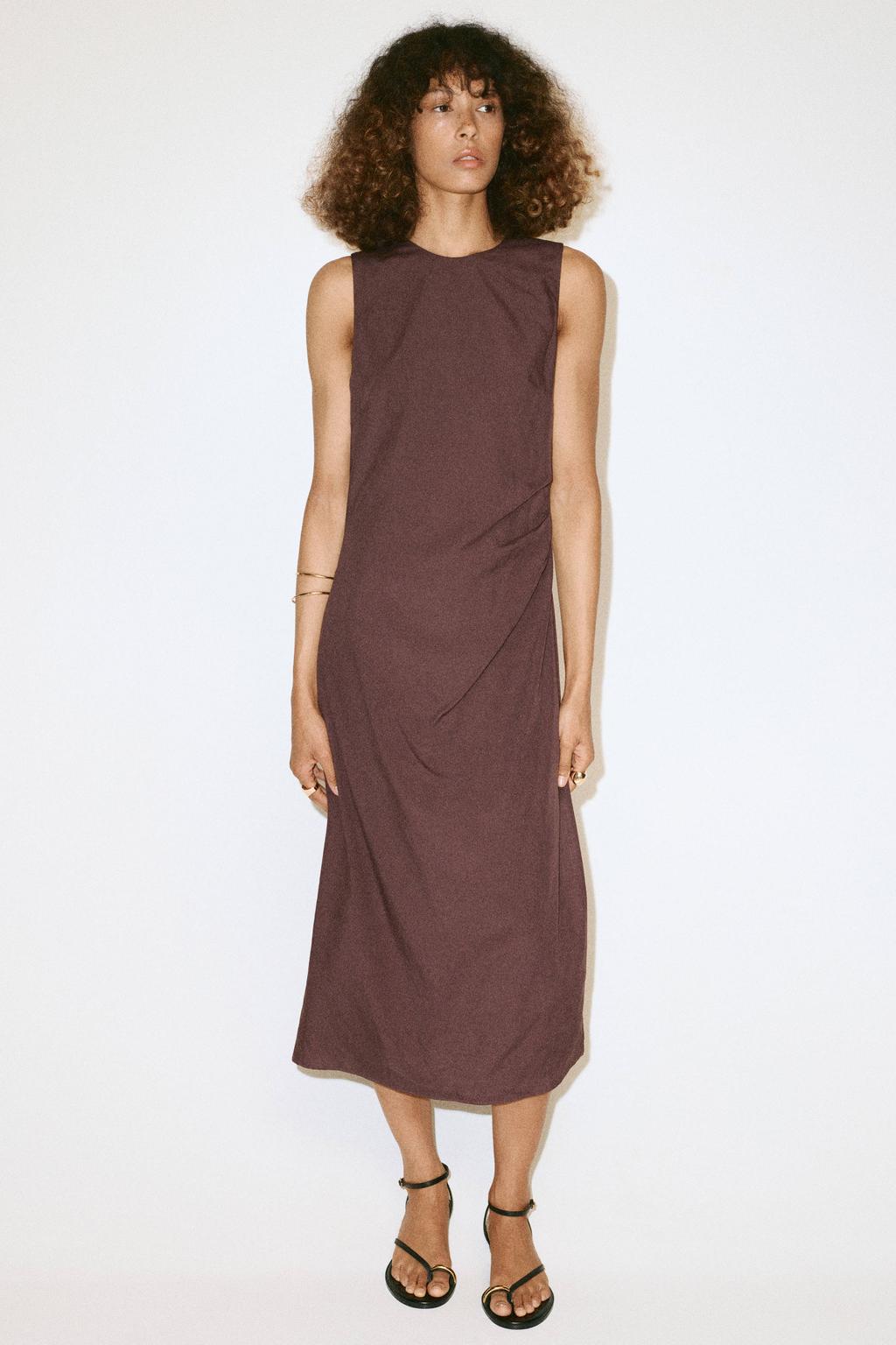 Bruine dames Mango midi jurk van viscose met effen en ronde hals