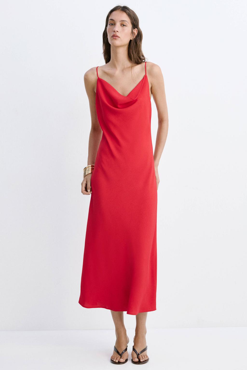 Rode dames Mango zomerjurk rug van polyester met effen en watervalhals