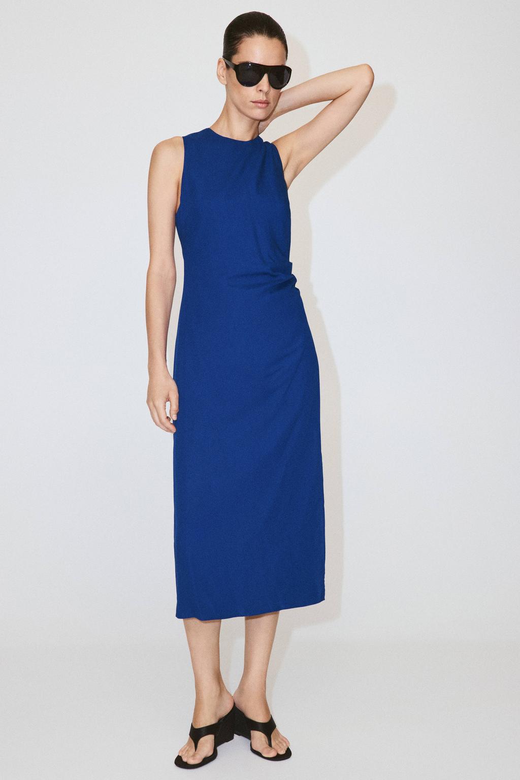 Blauwe dames Mango midi jurk van viscose met effen en ronde hals