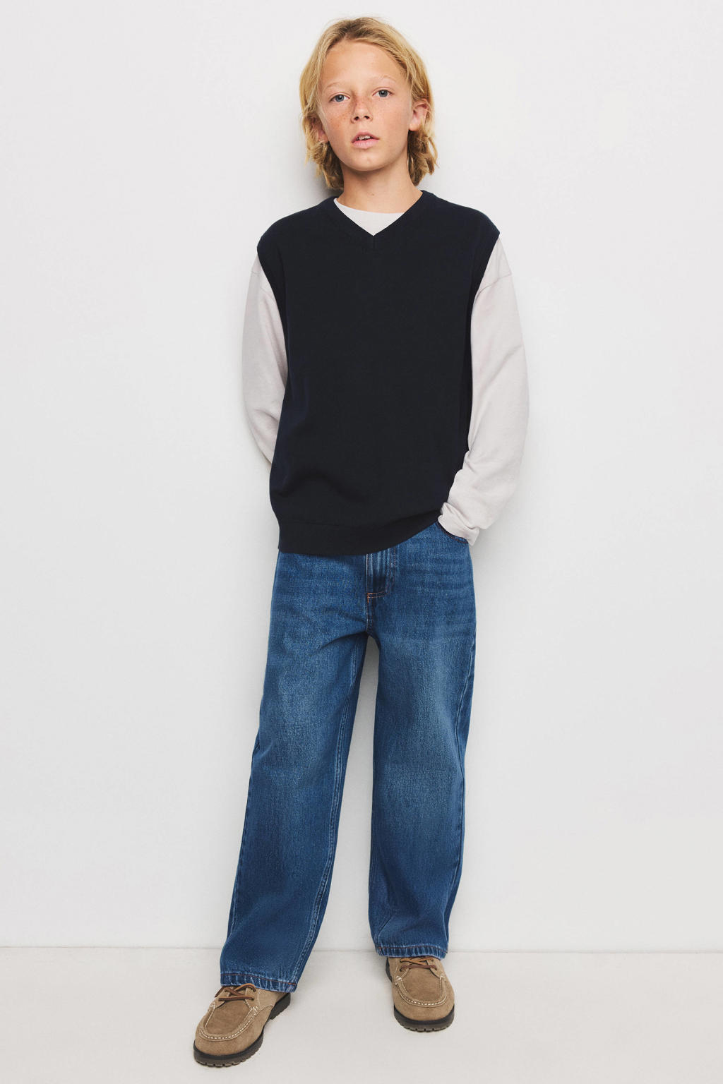 Marineblauw jongens Mango Kids spencer blauw van katoen met effen, lange mouwen en V-hals