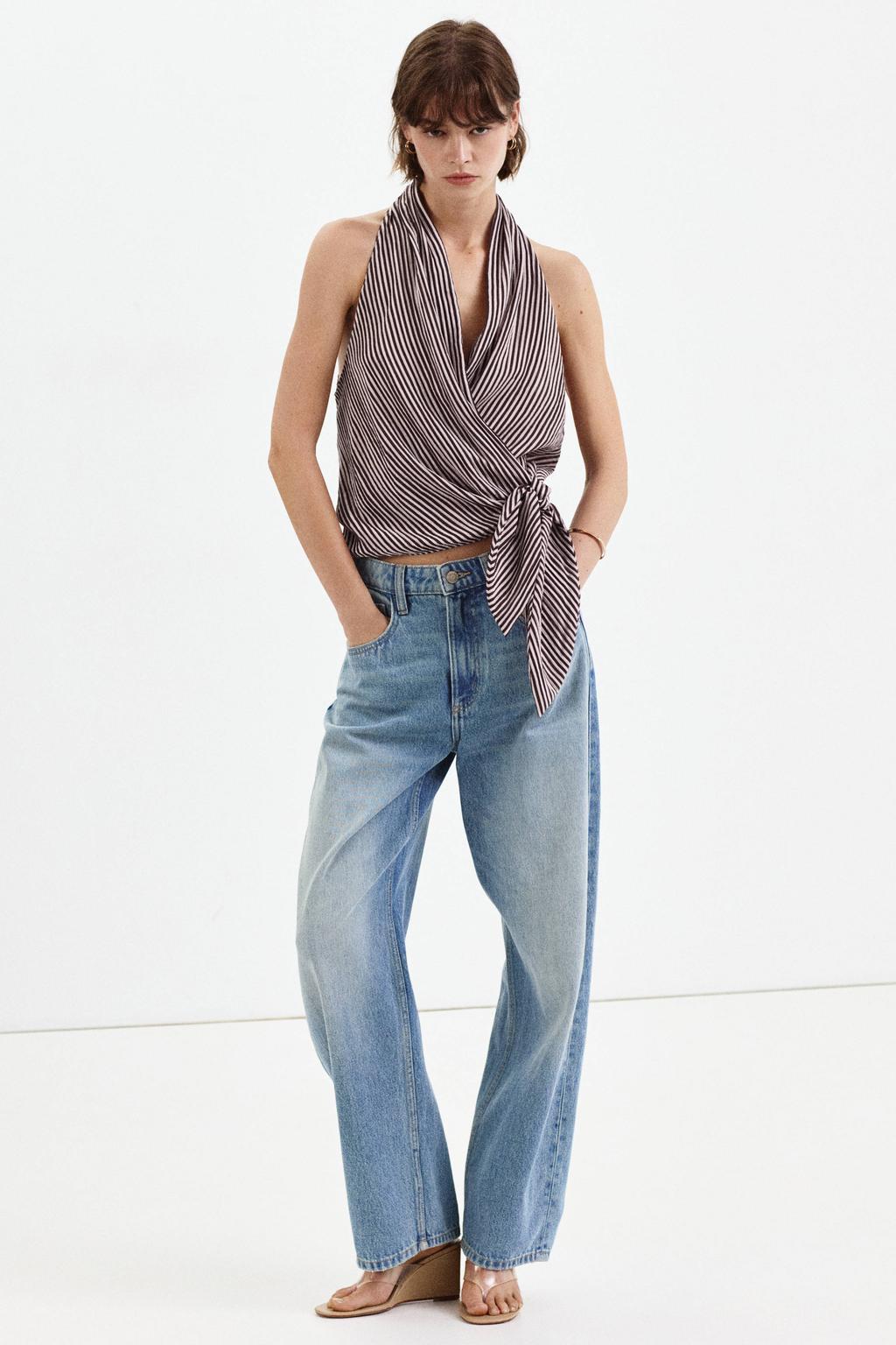 Roze en donkerrode dames Mango gestreepte blousetop van viscose met halterkraag en knoopsluiting