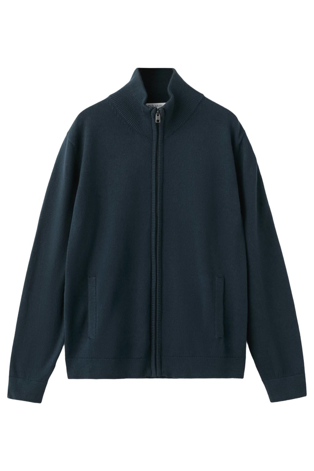 Marineblauw jongens Mango Kids katoenen gebreide vest blauw met lange mouwen, opstaande kraag en ritssluiting
