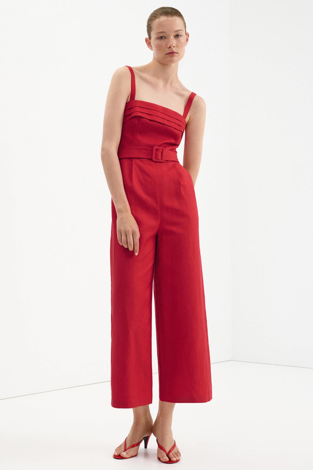 Mango jumpsuit met ceintuur en linnen - rood