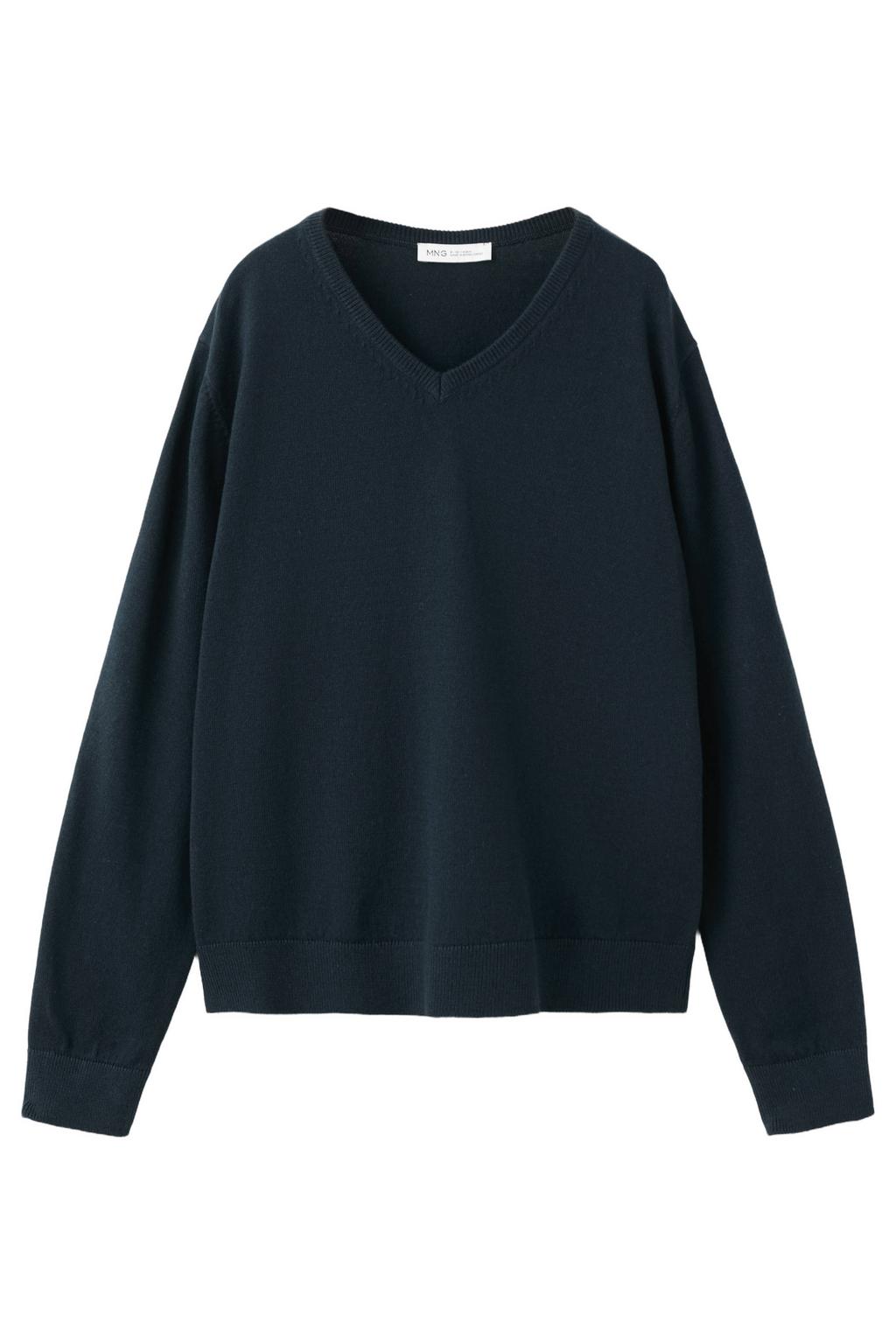 Marineblauw meisjes Mango Kids katoenen gebreide trui blauw met lange mouwen en V-hals