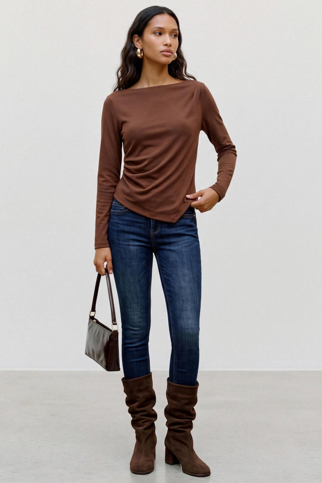 Bruine dames VERO MODA rechtvallende top van polyester met effen, lange mouwen en boothals