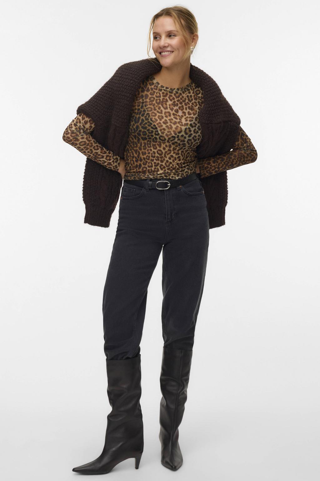 Bruine dames VERO MODA top van polyester met panterprint, lange mouwen, ronde hals en mesh