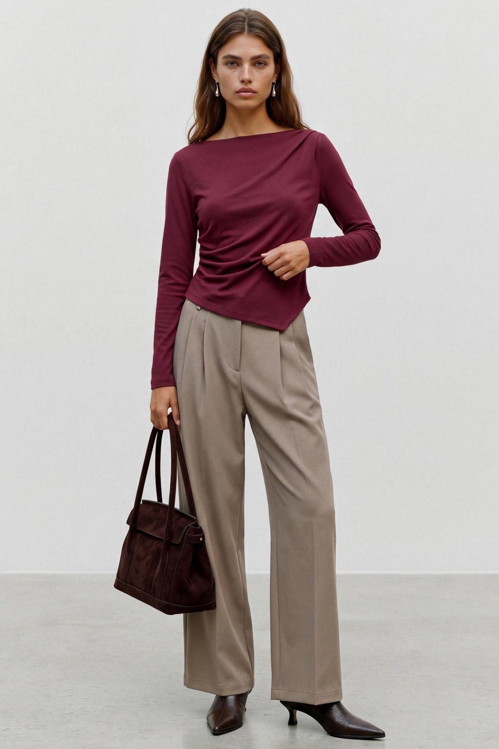 Donkerrode dames VERO MODA rechtvallende top van polyester met effen, lange mouwen en boothals