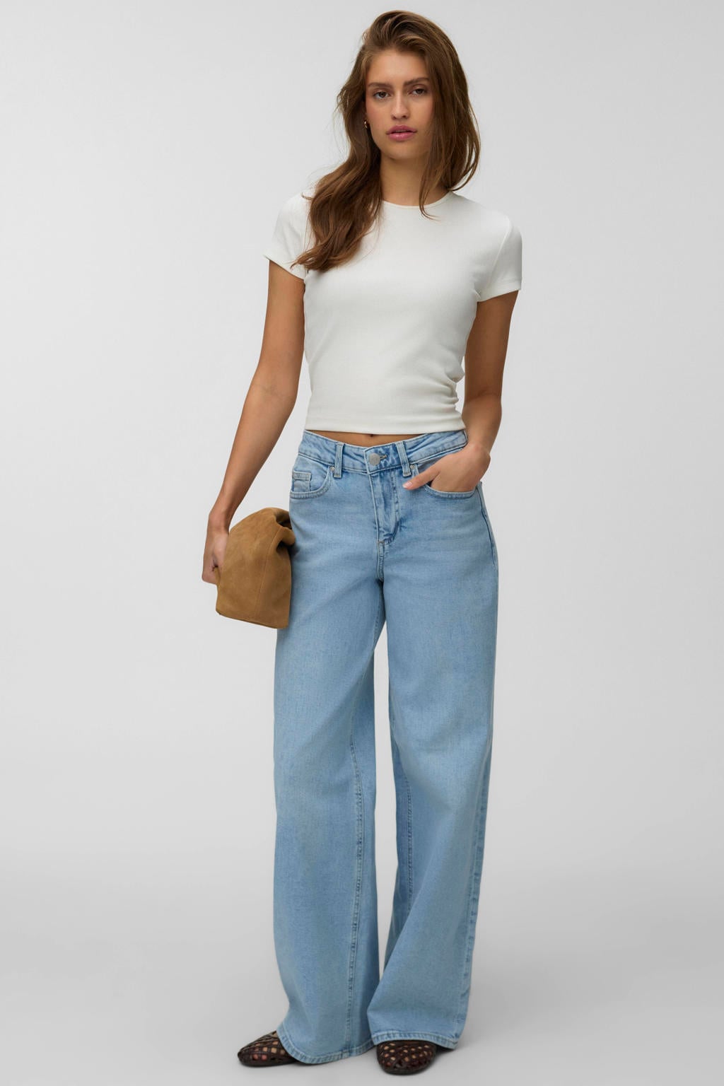 Light blue denim dames VERO MODA wide leg jeans van denim met rits- en knoopsluiting en effen
