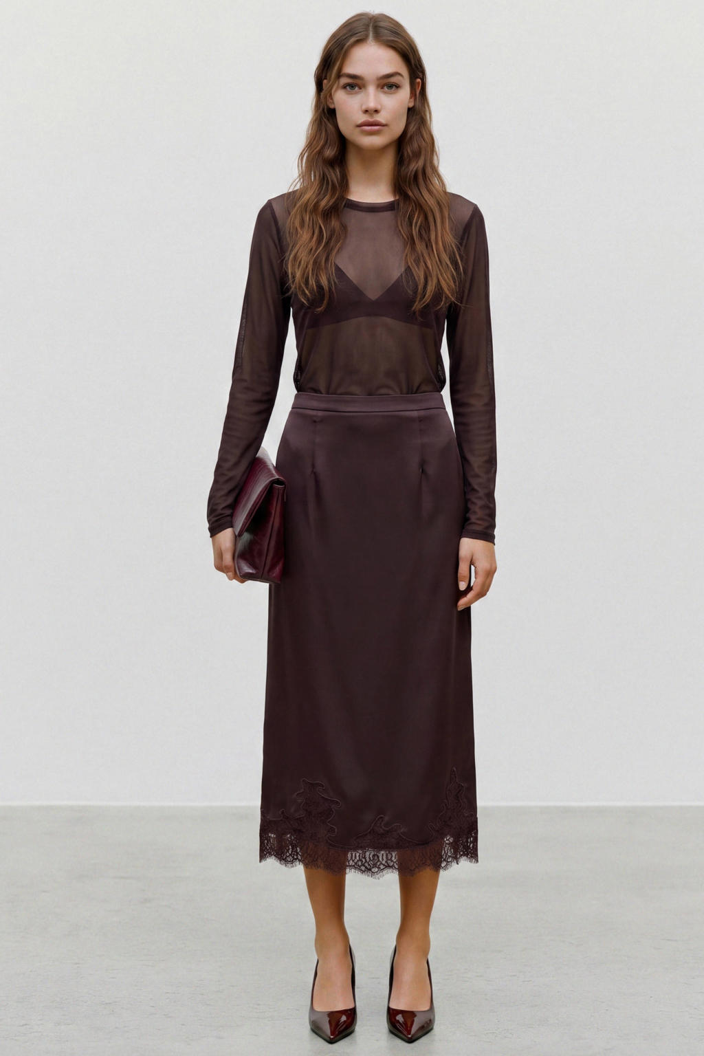 Zwarte dames VERO MODA top van polyester met effen, lange mouwen, ronde hals en mesh