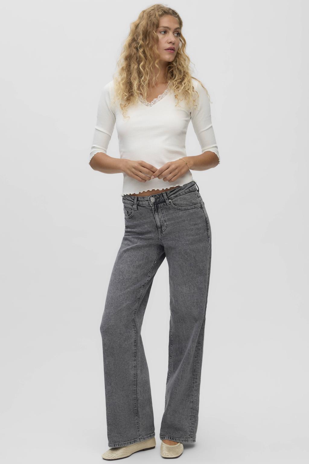 Grey denim dames VERO MODA wide leg jeans van denim met rits- en knoopsluiting en effen