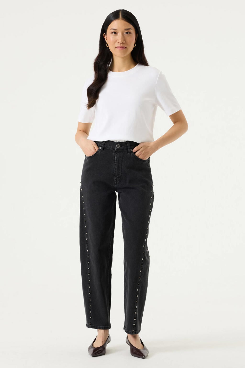 Garcia Chyla 282 high waist barrel jeans met studs - zwart