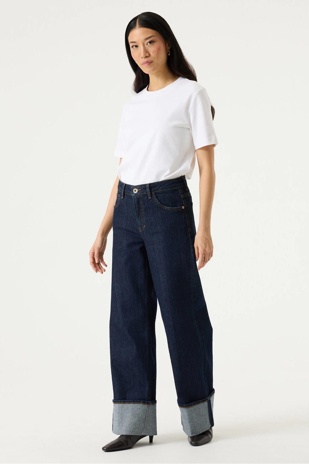 Dark blue denim dames Garcia Celia 249 wide leg jeans van denim met rits- en knoopsluiting en effen