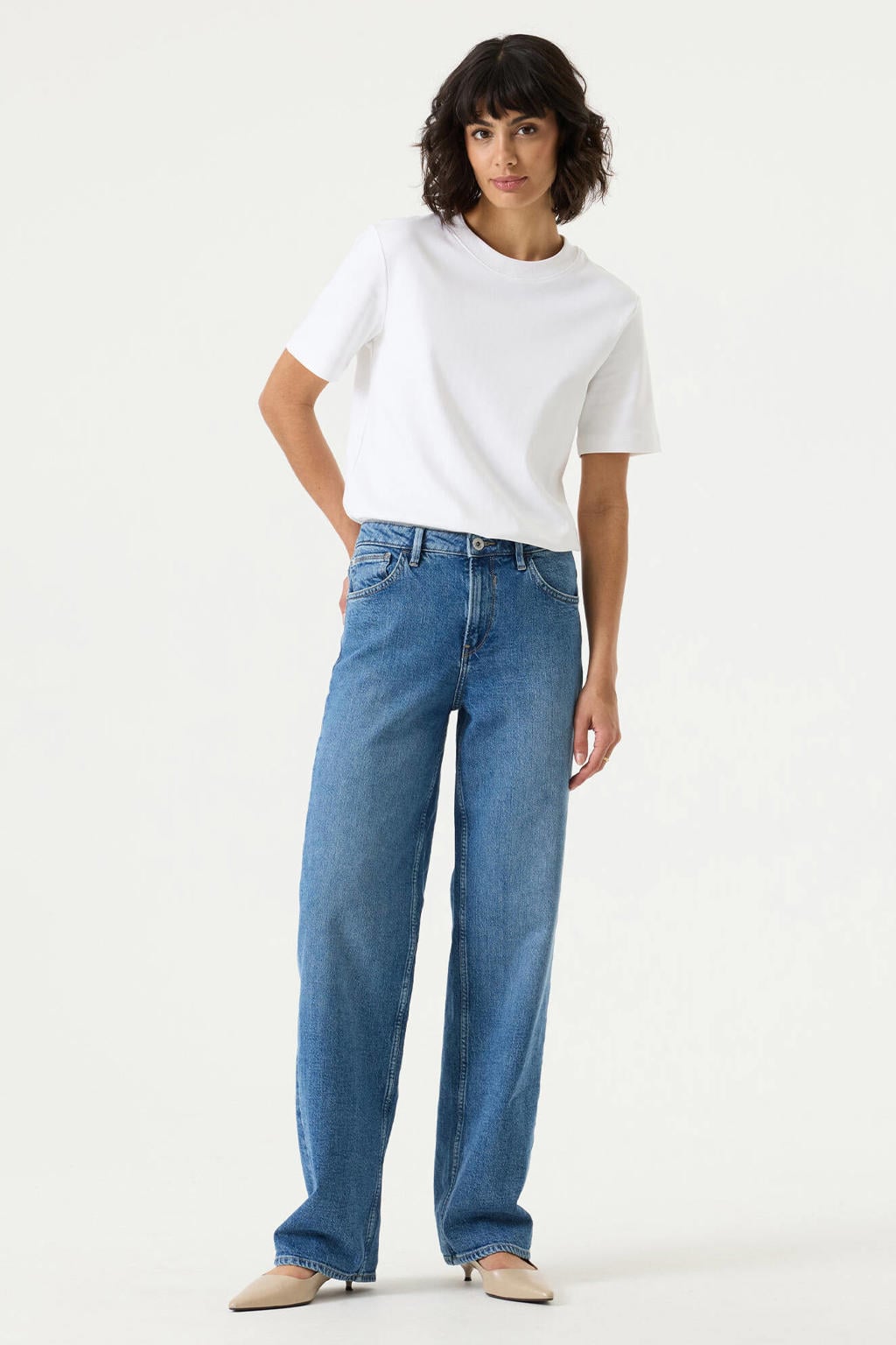Medium blue denim dames Garcia straight leg jeans van denim met rits- en knoopsluiting en effen