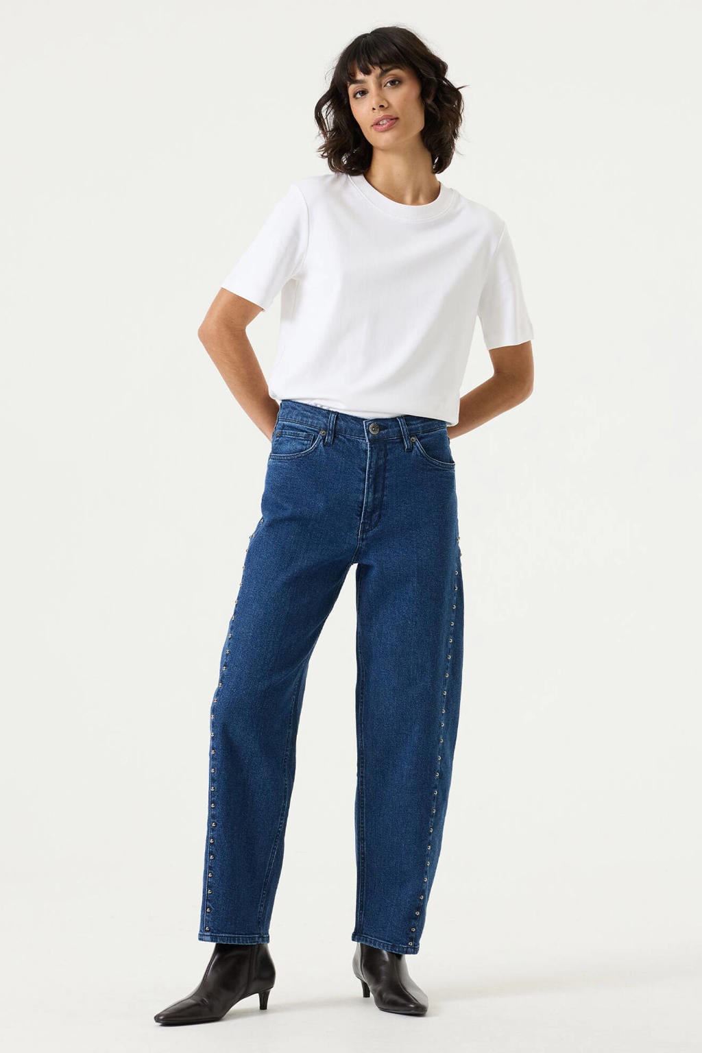 Dark blue denim dames Garcia barrel jeans van denim met high waist, rits- en knoopsluiting en effen
