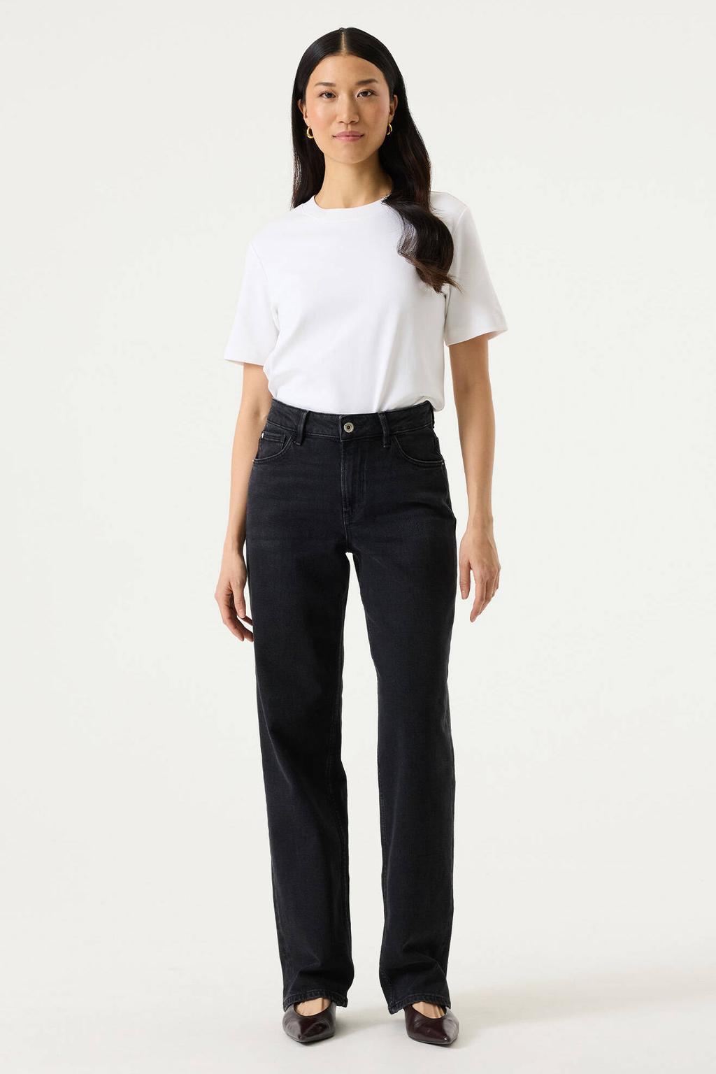 Black denim dames Garcia straight leg jeans van denim met rits- en knoopsluiting en effen