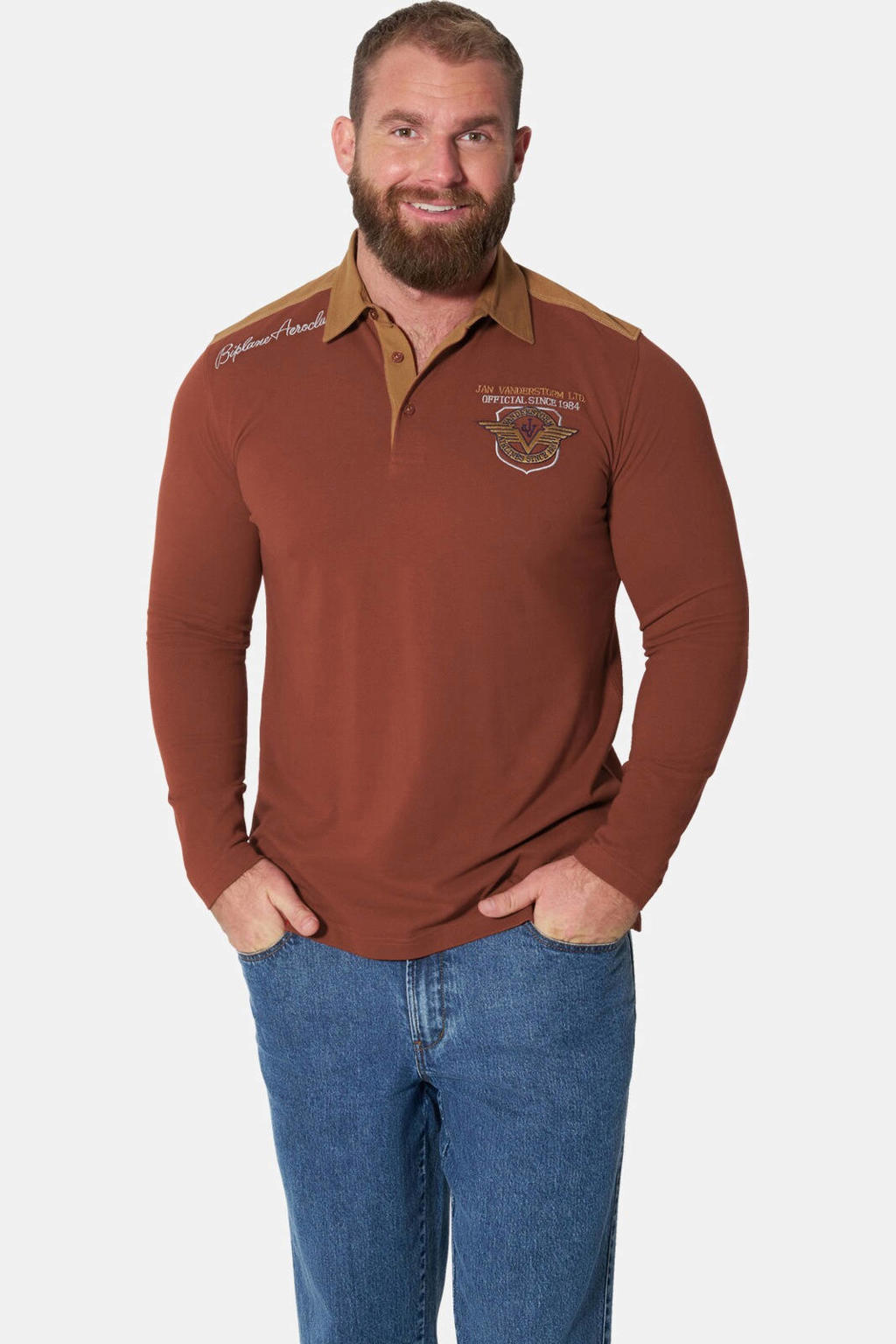 Jan Vanderstorm regular fit polo met borduursels en print Plus Size - donkerrood